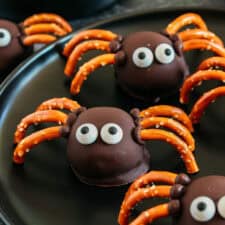 Get festive this Halloween with these tasty Chocolate Peanut Butter Spider Balls made with just 5 simple ingredients and zero baking required! The perfect sweet and salty treats that are easy to make and your kids will love!