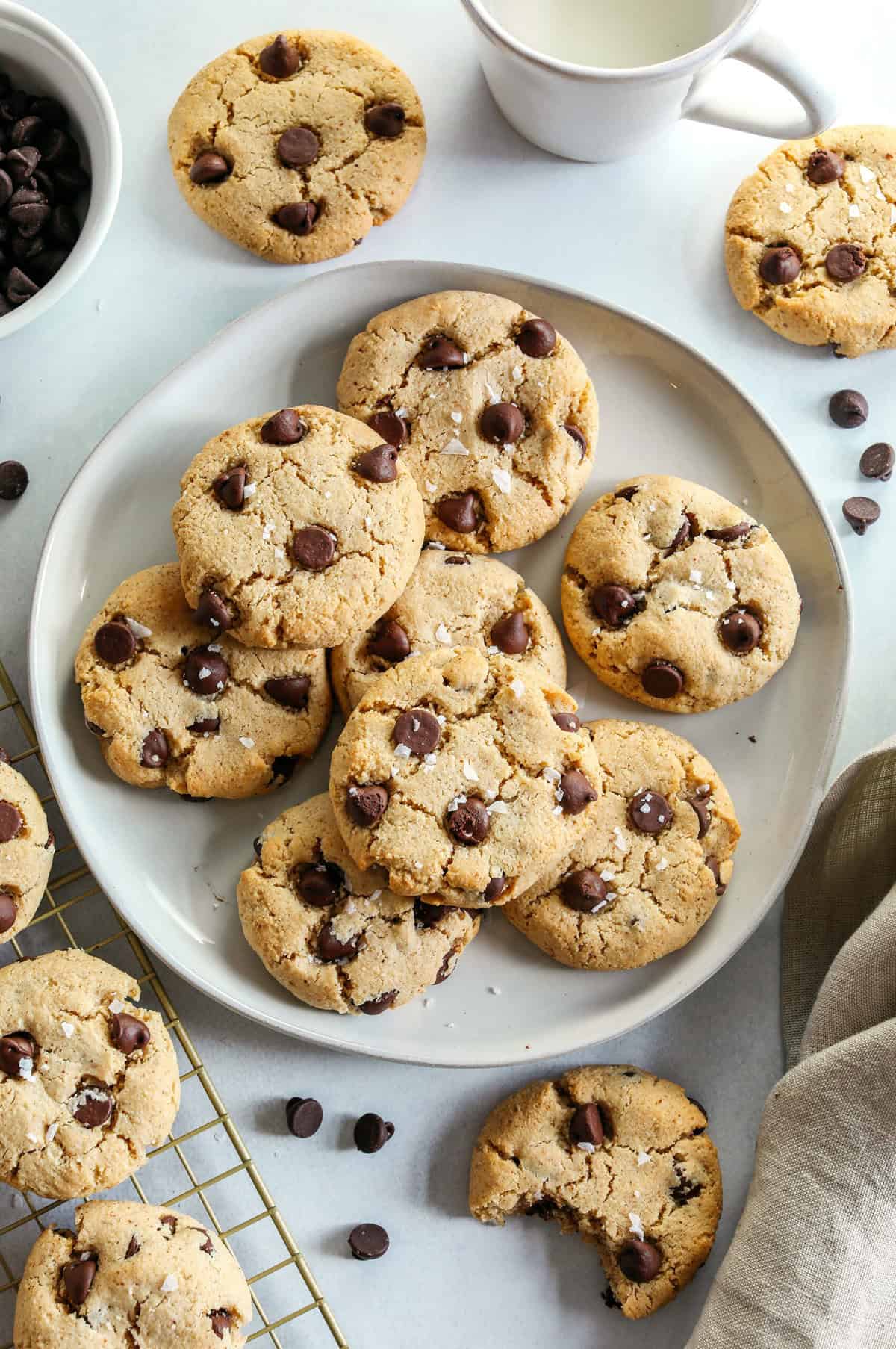 Healthy Chocolate Chip Cookies that are soft, chewy, and absolutely delicious with gooey chocolate chips in every bite! These gluten-free cookies are made with wholesome ingredients and use zero oil or refined sugar for the perfect sweet treat everyone will enjoy!