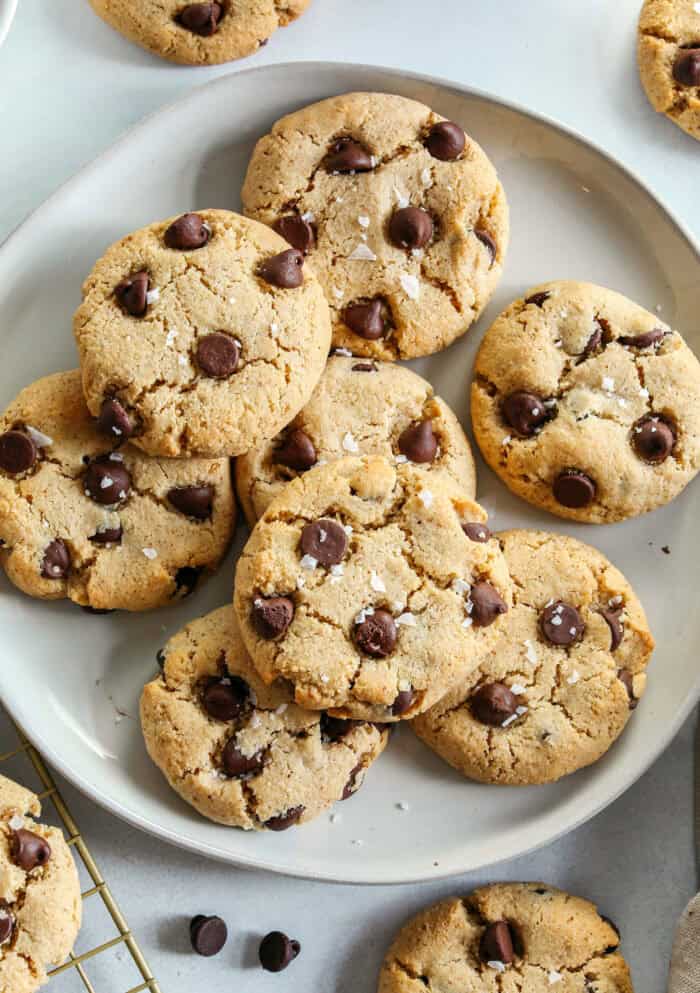 Healthy Chocolate Chip Cookies that are soft, chewy, and absolutely delicious with gooey chocolate chips in every bite!  These gluten-free cookies are made with wholesome ingredients and use zero oil or refined sugar for the perfect sweet treat!