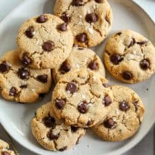 Healthy Chocolate Chip Cookies that are soft, chewy, and absolutely delicious with gooey chocolate chips in every bite! These gluten-free cookies are made with wholesome ingredients and use zero oil or refined sugar for the perfect sweet treat!