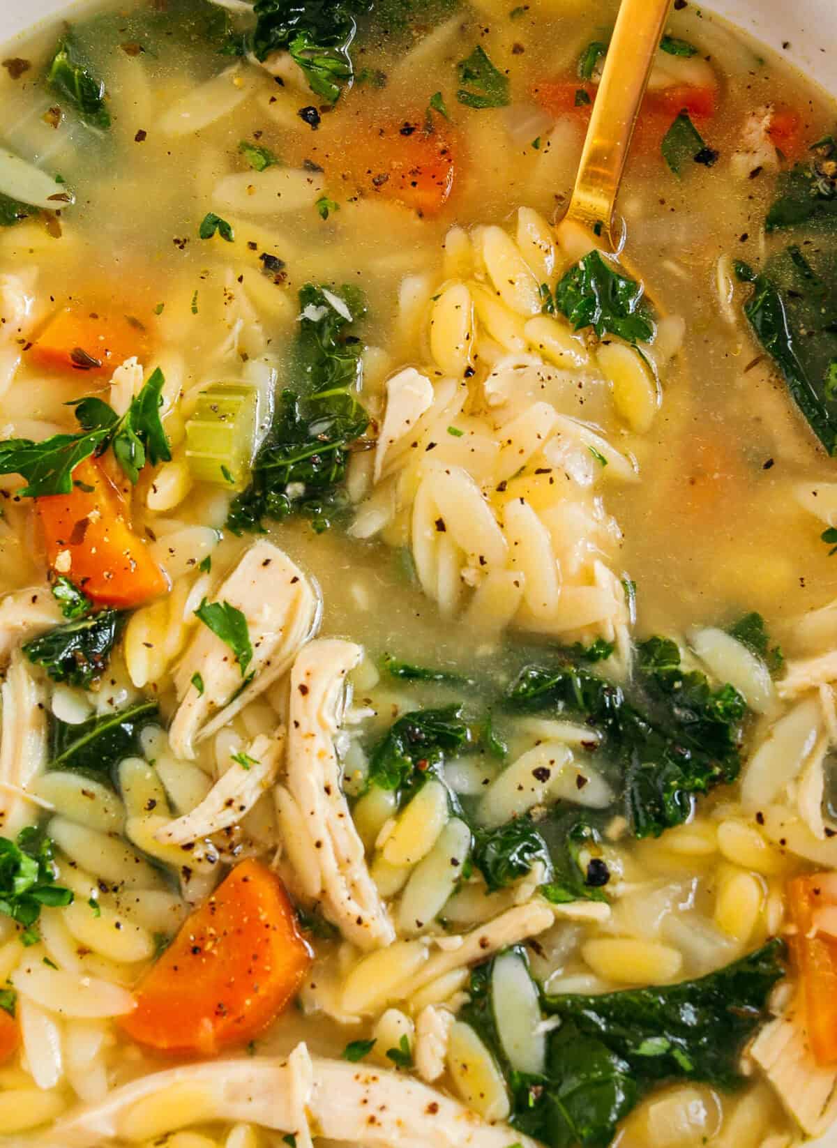 Easy and delicious Lemon Chicken Orzo Soup loaded with tender chicken, fresh veggies, and leafy greens all simmered in the most flavorful broth! Easily made in one pot for a cozy weeknight dinner the whole family will love!