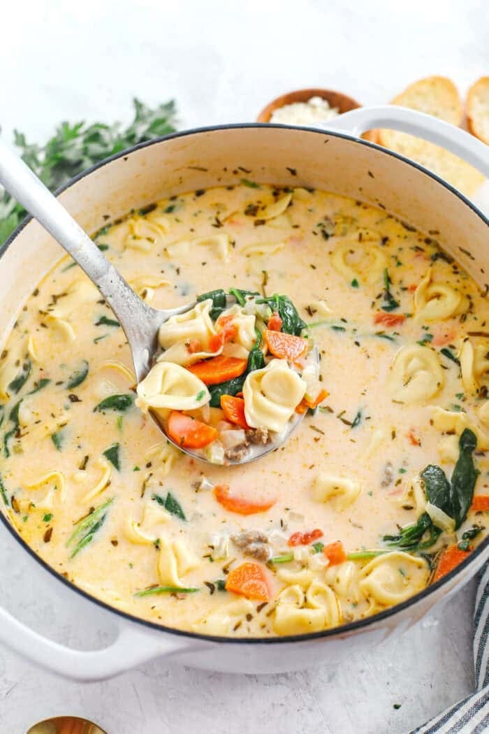 This Creamy Sausage and Spinach Tortellini Soup is delicious, loaded with veggies and makes the perfect cozy meal that can easily be made in your instant pot, slow cooker or right on the stove!